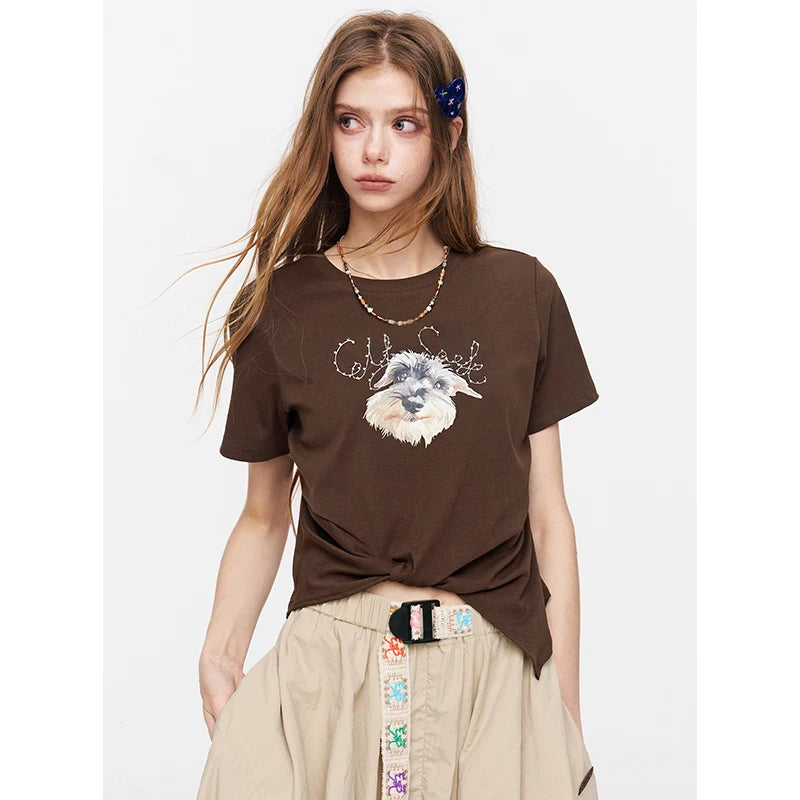 Schnauzer Print Cropped T-Shirt, Letter Graphic Twisted Tee, Casual Short Sleeve Top for Women