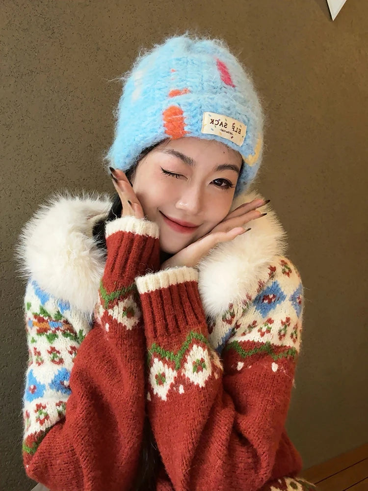 Y2K Cute Color Block Patch Logo Warm Knit Beanie For Women