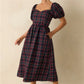 Xmas Vintage Red Navy Plaid Dress Ladies Bubble Short Sleeve Back Shirred Flared Midi Dress Winter Holiday Party Dress