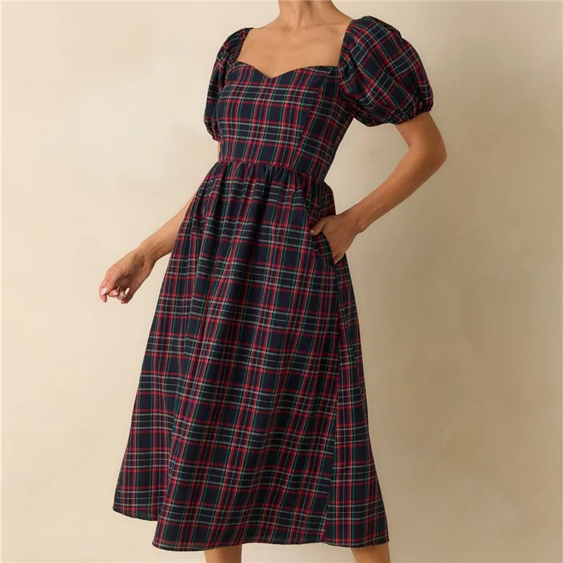 Xmas Vintage Red Navy Plaid Dress Ladies Bubble Short Sleeve Back Shirred Flared Midi Dress Winter Holiday Party Dress