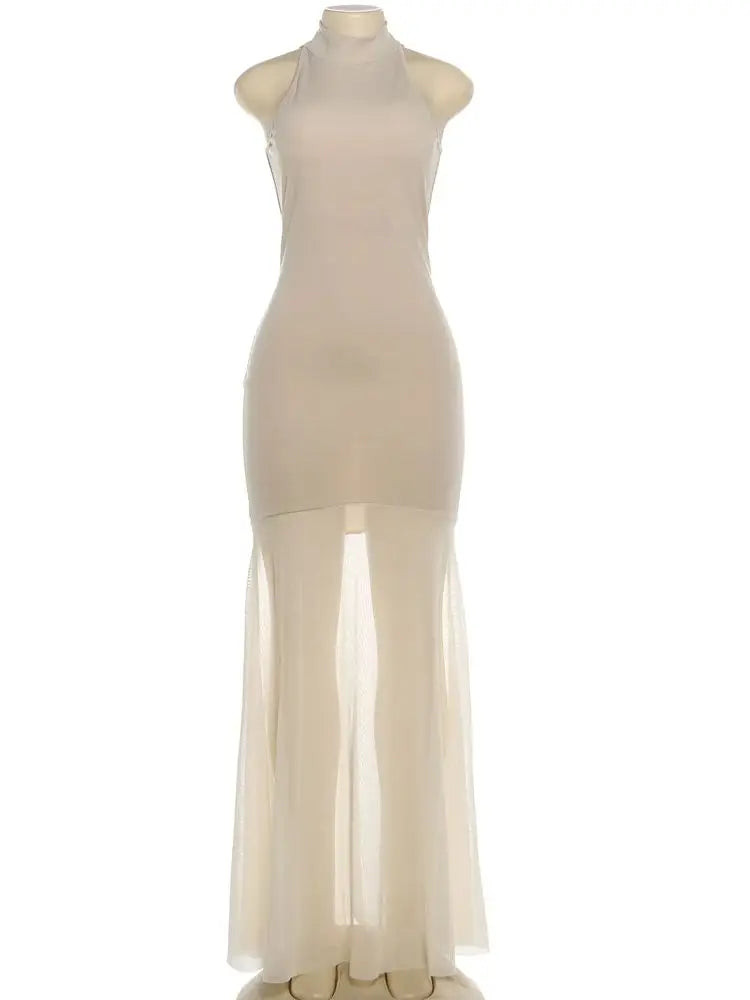 Patchwork Mesh Maxi Dress Women o-Neck Sleeveless Folds Skinny Elegant Banquet Fashion Vacation Classic Chic Vestidos