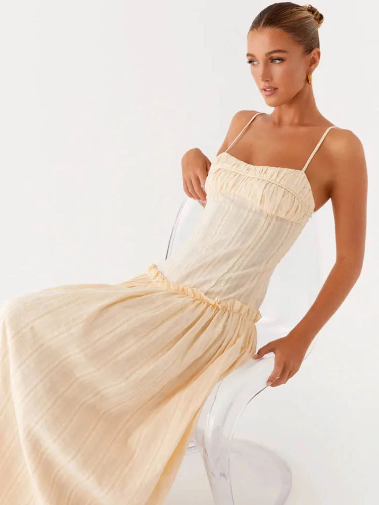 Elegant Spaghetti Strap Sexy Maxi Dress Women Gown Fashion Off-shoulder Sleeveless Backless Pleated Club Long Dresses