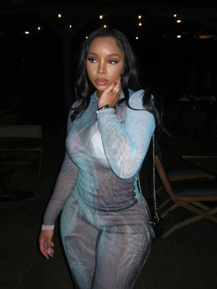 Gradient Print Sexy Women 2 Piece Set See Through Full Sleeve Stretch Crop Tops+Straight Pants Matching Clubwear Outfits