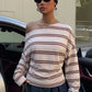 Casuals Striped Print T-Shirt Women Autumn Trend Chic Skew Collar Off-Shoulder Full Sleeve Fashion Street Sporty Tees