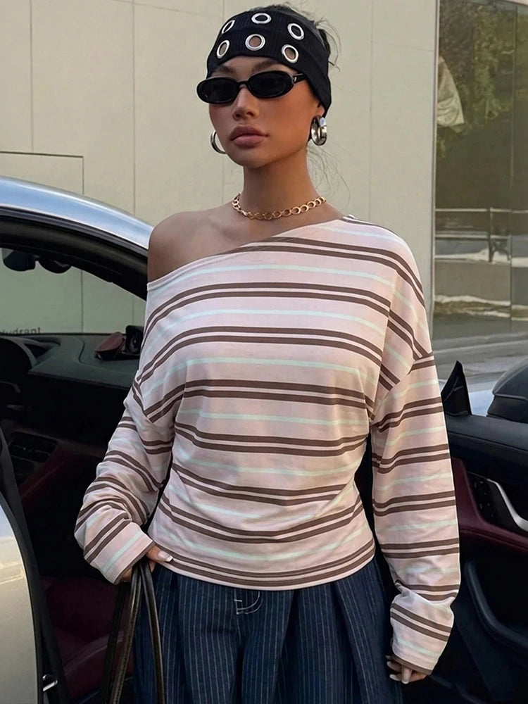 Casuals Striped Print T-Shirt Women Autumn Trend Chic Skew Collar Off-Shoulder Full Sleeve Fashion Street Sporty Tees