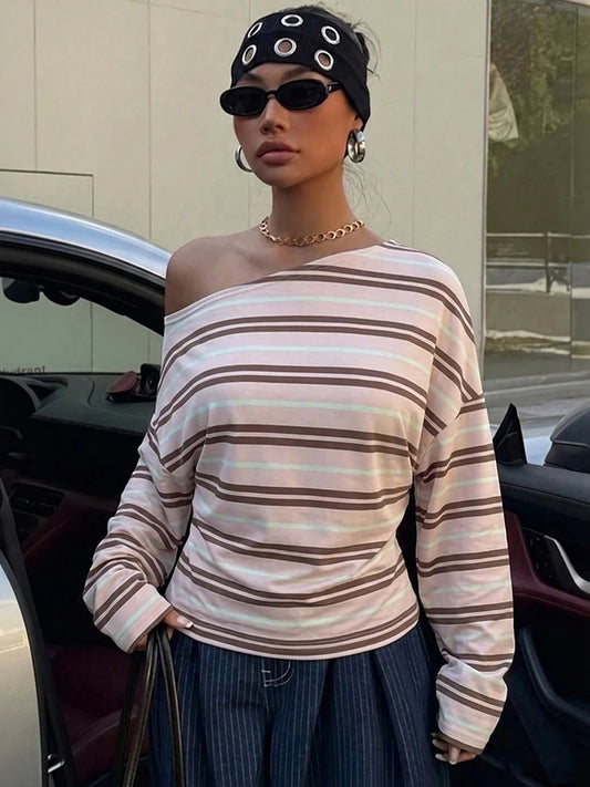 Casuals Striped Print T-Shirt Women Autumn Trend Chic Skew Collar Off-Shoulder Full Sleeve Fashion Street Sporty Tees