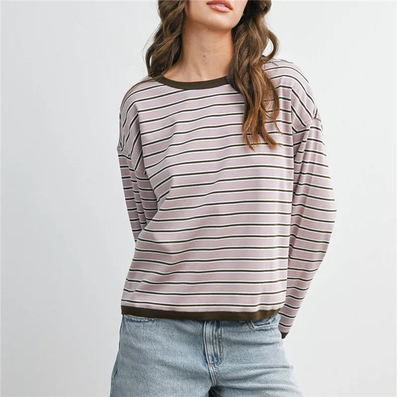 Contrast Rib Crew Neck Striped Long Sleeve T Shirt Drop Shoulder Loose Cropped Basic Casual Pullover Top for Fall Winter