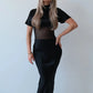 Turtleneck Short Sleeve Sexy Maxi Dress Women Gown Elegant Patchwork Mesh Sheer Backless Bodycon Club Party Long Dress