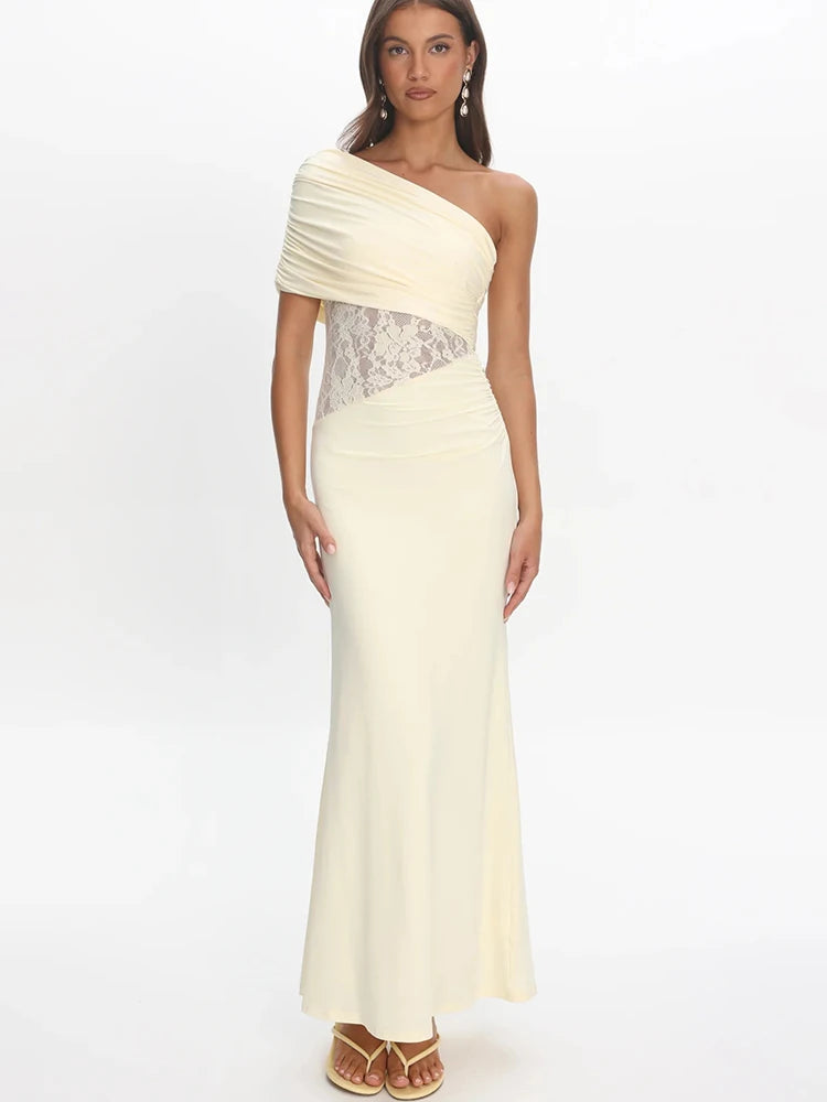 Lace One Shoulder Sexy Maxi Dress Women Elegant Diagonal Collar Sleeveless Backless Bodycon Club Party Long Dresses