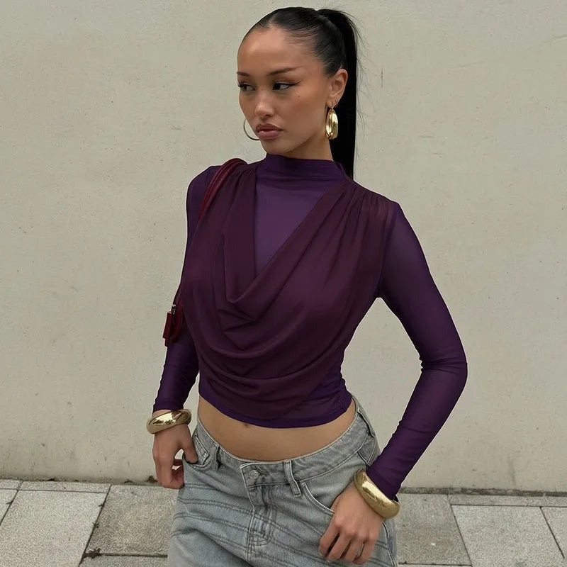 Sexy Crop Top with Draped Cowl Neck and Sheer Mesh Long Sleeves Black Purple Shirts for Woman Fall 2026