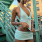 Stripe Print 2 Piece Set Woman Bow Decoration Halter Low-Neck Navel Exposed Tops+Skinny Mini Shorts Sexy Fashion Suit