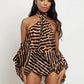 Tiger Print 2-Piece Set Women Halter Bandage Off-Shoulder See Through Lantern Sleeve Vest+Simple Short Sexy Suits