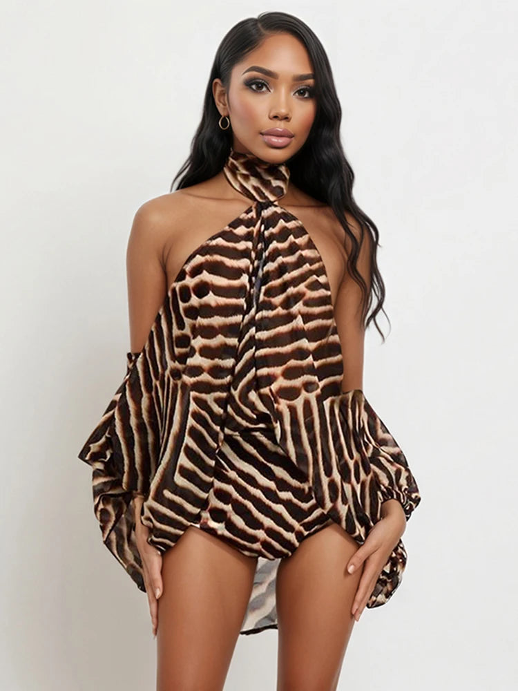 Tiger Print 2-Piece Set Women Halter Bandage Off-Shoulder See Through Lantern Sleeve Vest+Simple Short Sexy Suits