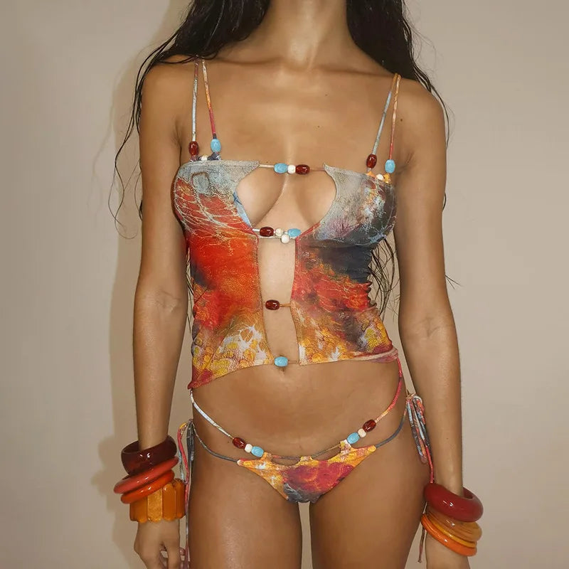 Fashion Print Mesh Skirt Micro String Bikini 3 Piece Set Sexy Beachwear Summer Clothes for Woman Set