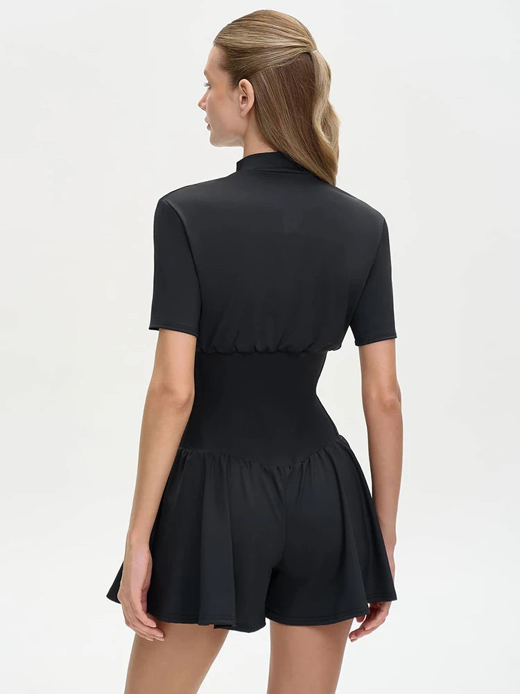 Short Sleeve Casual Sporty Playsuit Women Overalls Fashion Zipper High Waist Loose Fitness Romper Female Playsuits