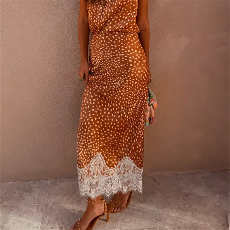 Vintage Floral Print Bodycon Long Skirt Women Polka Dot Lace Spliced Hem High Waist Mermaid Midi Skirt Casual Beachwear