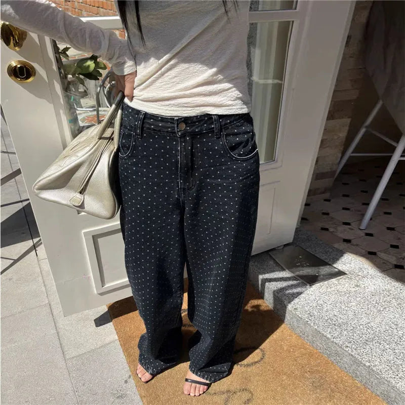 Y2K Polka Dot Jeans Women Vintage Stretch Wide Leg Denim Pants Casual Distressed Baggy Boyfriend Jeans with Pockets