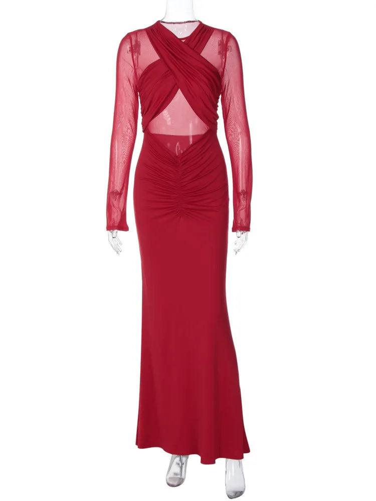 Mesh Hollow Out Long Sleeve Sexy Maxi Dress Women Gown Elegant O Neck Ruched Bodycon Club Party Long Dresses Female