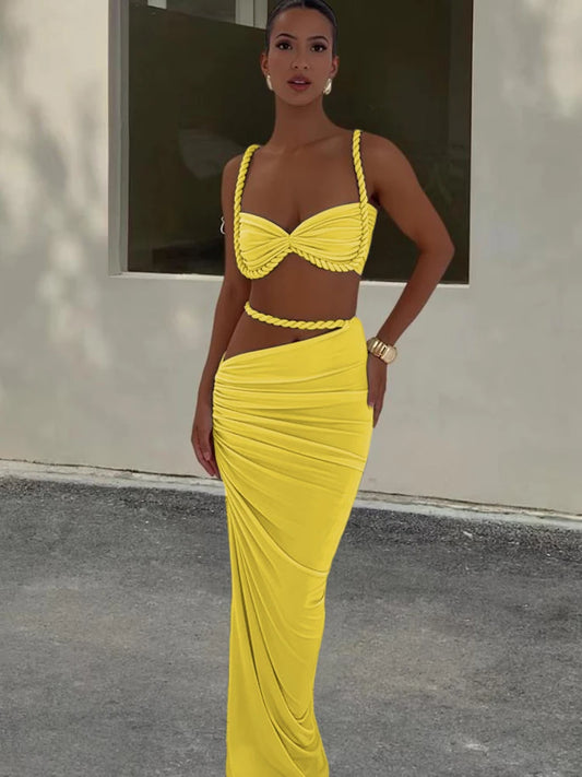 Skinny 2 Piece Set Women Square Collar Bra+Long Skirts 2025 Vacation Beach Party Summer Trend Bandage Ruched  Suits
