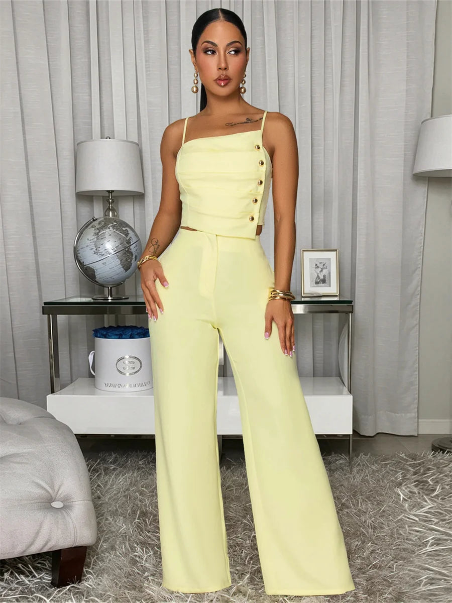 Fashion 2 Piece Set Women Trend Button Patchwork Ruched Square Collar Camisole+Wide-Leg Pants Simple Party Streetwear