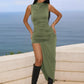 Summer Ruched Split Maxi Dress Women Gown Fashion Solid O Neck Sleeveless High Waist Tank Dress 2025 New Dresses