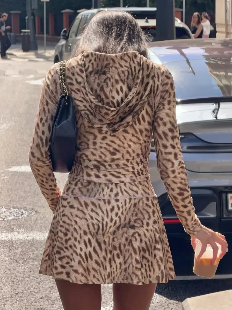 Leopard Print Long Sleeve 2 Piece Set Zip-up Hooded Crop Top and Mini Skirt Fall Outfits Womens Matching Sets