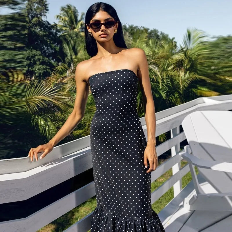 Polka Dot Print White Strapless Mermaid Dresses Elegant Occasion Dresses Woman Evening Party Wear