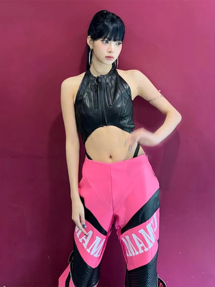 Zipper Sexy Bodysuit Women Faux Leather Patchwork Hollow Sleeveless o-Neck Waistless Midnight Music Festival Outfits