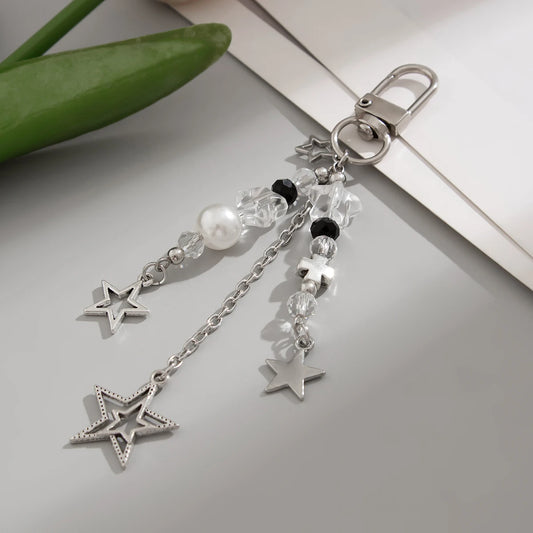 Vintage Hollow Star Cross Pendant Keychain Korean Fashion Beads Keyring Jeans Bag Chain Pendant Y2K Jewelry Accessories