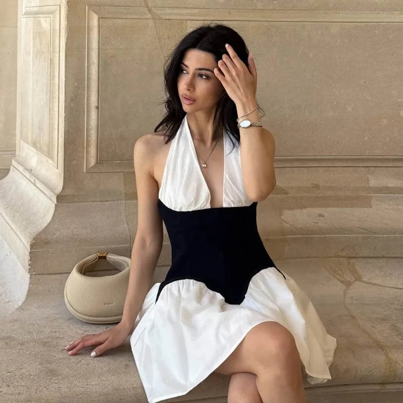 Deep V Neck Backless A-line Short Dresses French Elegant Sexy Patchwork White Summer Dress Womans Clothes