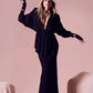 Elegant 2 Piece Set Women V-Neck Shoulder Pads Long Sleeves Folds Tops+Long Skirts Solid Banquet Party Fashion Suits