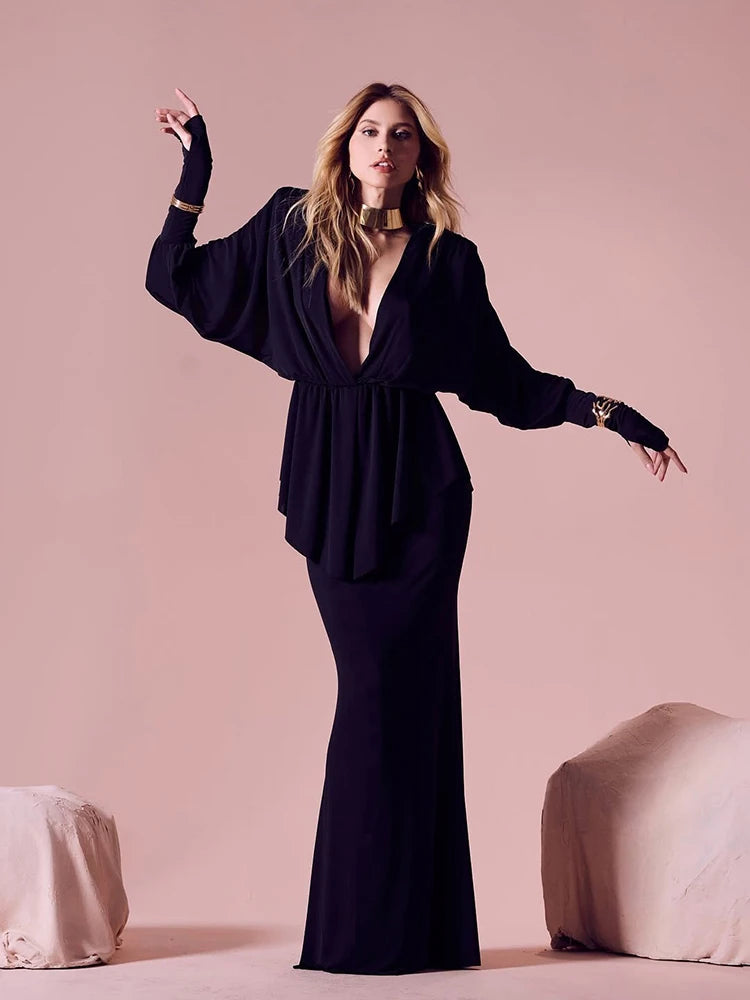 Elegant 2 Piece Set Women V-Neck Shoulder Pads Long Sleeves Folds Tops+Long Skirts Solid Banquet Party Fashion Suits