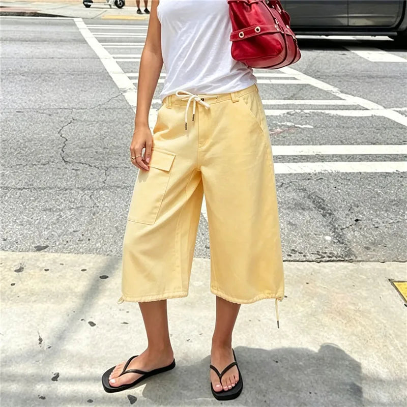 Y2K Vintage White Cargo Capri Jeans Women Loose Wide Leg Drawstring Waist Streetwear Hip Hop Casual Cropped Denim Pants