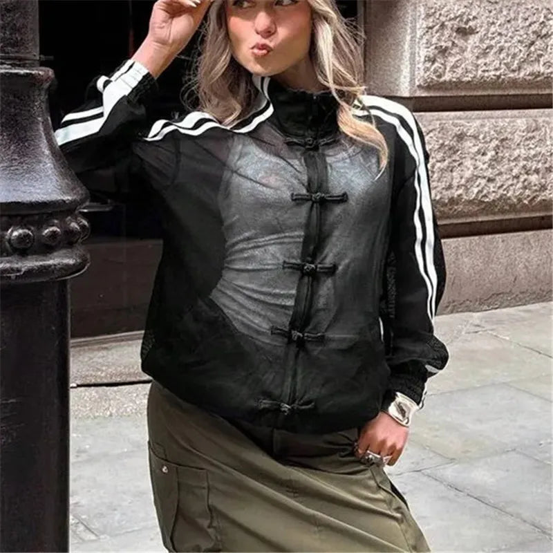 Y2K Sheer Mesh Jacket Stand Collar Zip Up Chinese Frog Buttons Side Striped Long Sleeve Loose Street Casual Outerwear