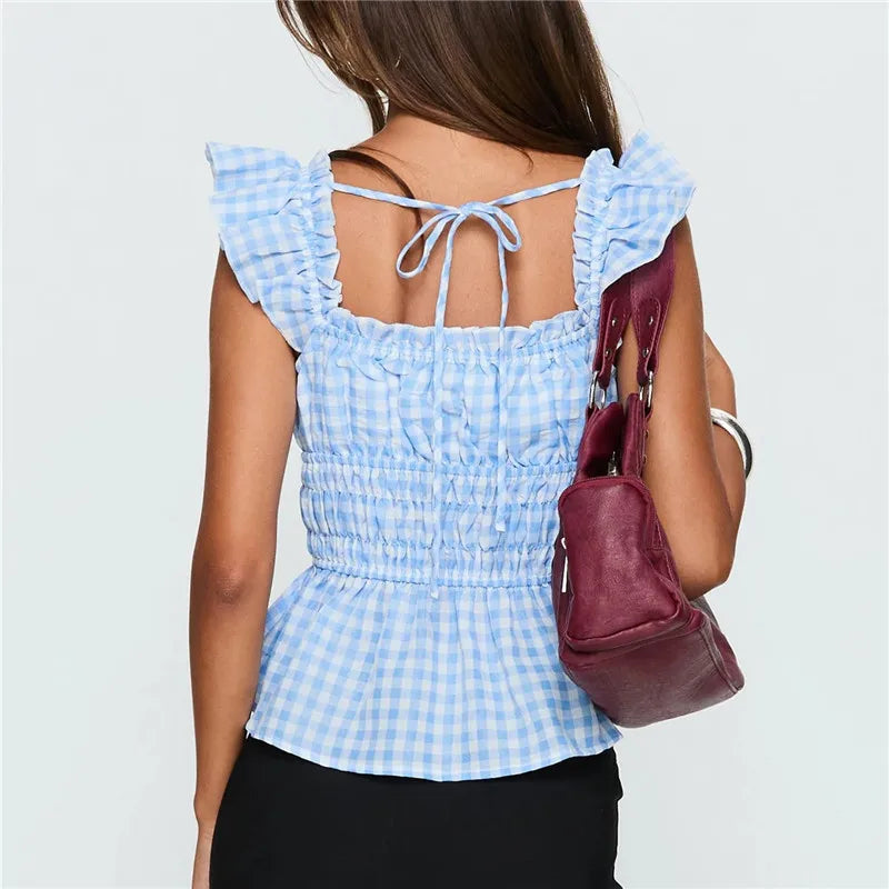 Y2K Sweet Gingham Plaid Peplum Top Women Ruffle Strap Square Neck Smocked Waist Tie Back Casual Summer Blouse