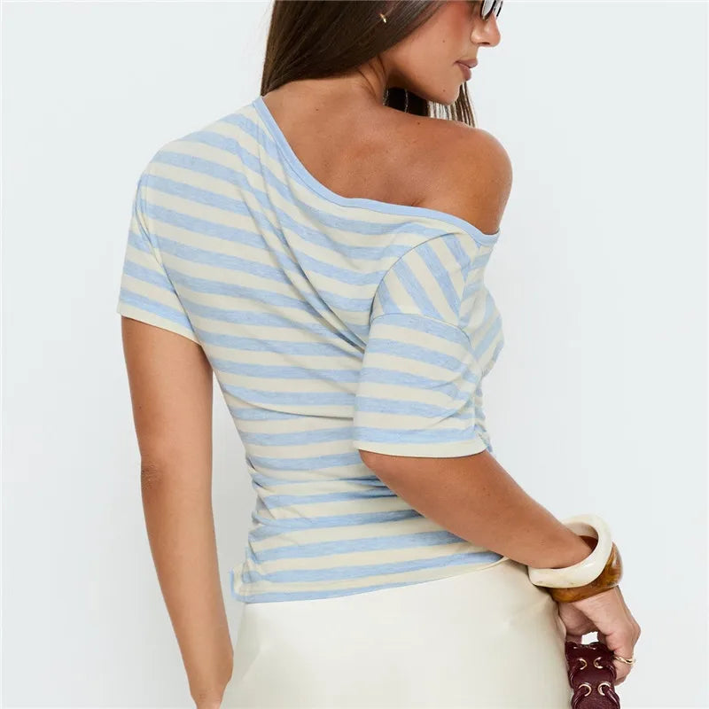 Summer Women's Striped Off-Shoulder T-Shirt with Ruched Side Short Sleeve Asymmetrical Neckline Casual Tops Daily Wear