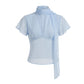 Y2K Women Mesh Sheer Blouse Short Flutter Sleeve Keyhole Neck Tie Scarf Collar Slim Fit Cropped Top Vintage Party Shirt