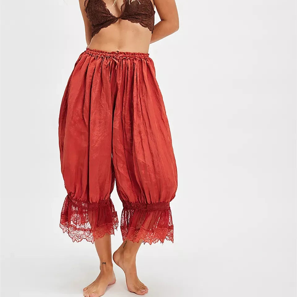 Women Ruffle Long Bloomer Y2k Lace Trim Pettipants Pantaloons Mid Rise Cropped Pajama Pants Under Dress Slips
