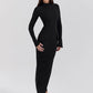 Black Long Sleeve Sexy Maxi Dress For Women Autumn Winter New O Neck Two Pocket Back Split Bodycon Long Dress Elegant