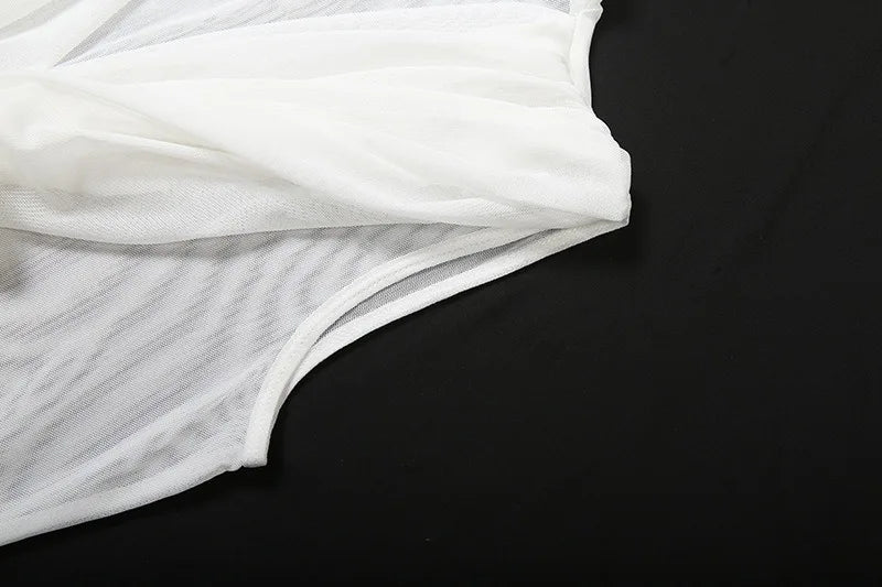 Pleated Mesh Mini Dress with Cape Sleeve See Through White Party Dresses Sexy Club Wear Woman Clothes