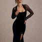 Elegant Side Slit Maxi Dress Women Low-Neck Full Sleeve Patchwork Mesh Banquet Autumn Winter Trend Prom Party Vestidos