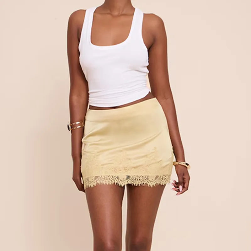 Y2k Half Slips Under Dress Elegant Fashion Bodycon Skirt Women Silk Satin Pencil Skirt Lace Trim Low Rise Underskirts