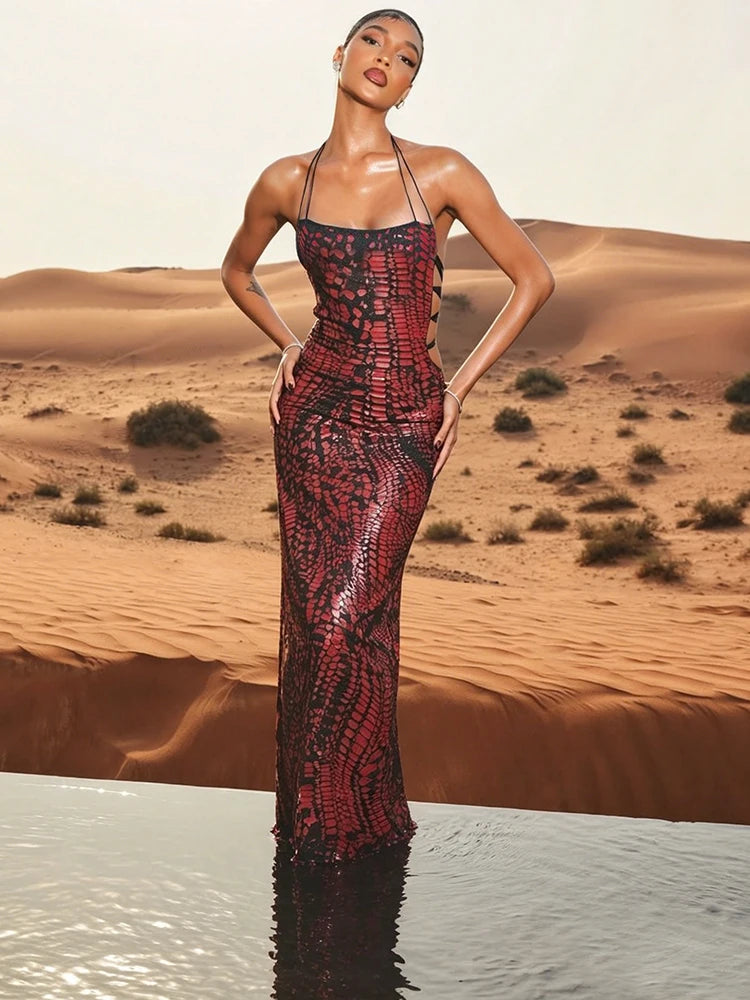 Sexy Shirring Backless Dress Women Snakeskin leather Trend Wild Halter Sleeveless Fashion Chic Street Party Bodycon