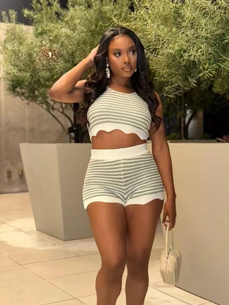 Crochet Stripe Patchwork 2 Piece Set Women Summer Trend Ruffles Hem Tank Tops+Skinny Shorts Street Casual Sporty Suit