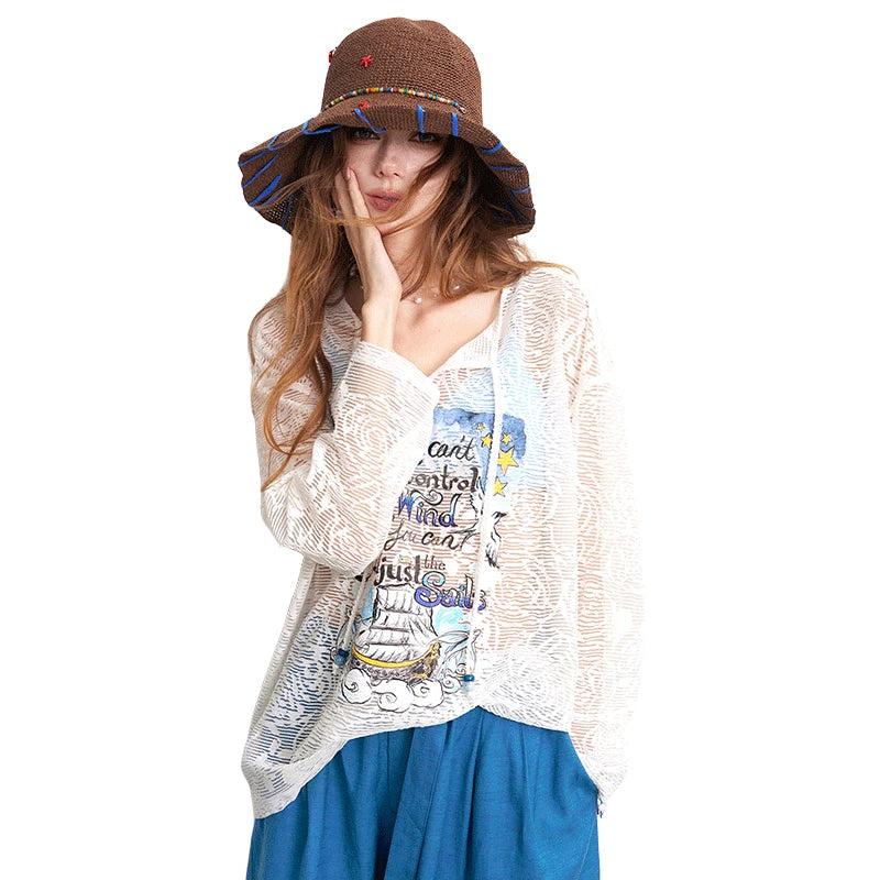 Lace Knit Sheer Long Sleeve Top, V-Neck Sailboat Print Blouse