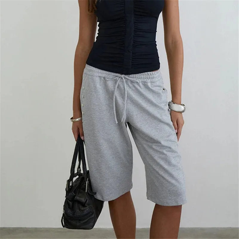 Women's Knee Length Sweat Shorts with Side Snap Buttons Drawstring Waist Casual Loose Fit Summer Y2K Streetwear