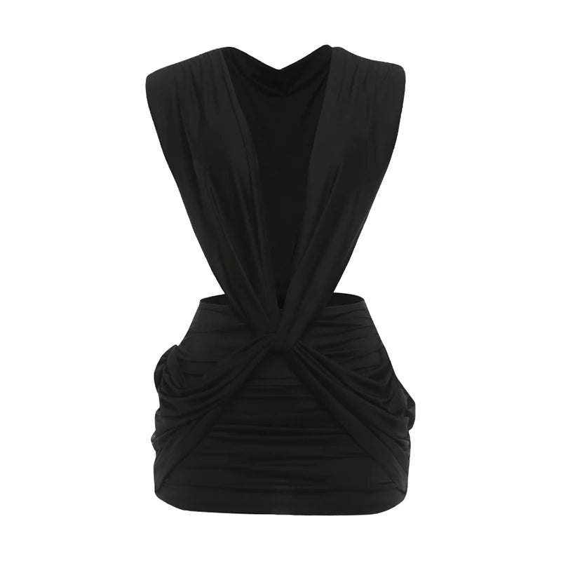 Sexy Deep V-Neck Dress Women Cross Ruched Backless Sleeveless Hollow Patchwork Peach Hip Stretch Slim Party Bodycon