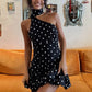 Polka Dot Backless Sexy Mini Dress Women Elegant Halter Off-shoulder Sleeveless Drop Waist Ruffle Club Party Dresses
