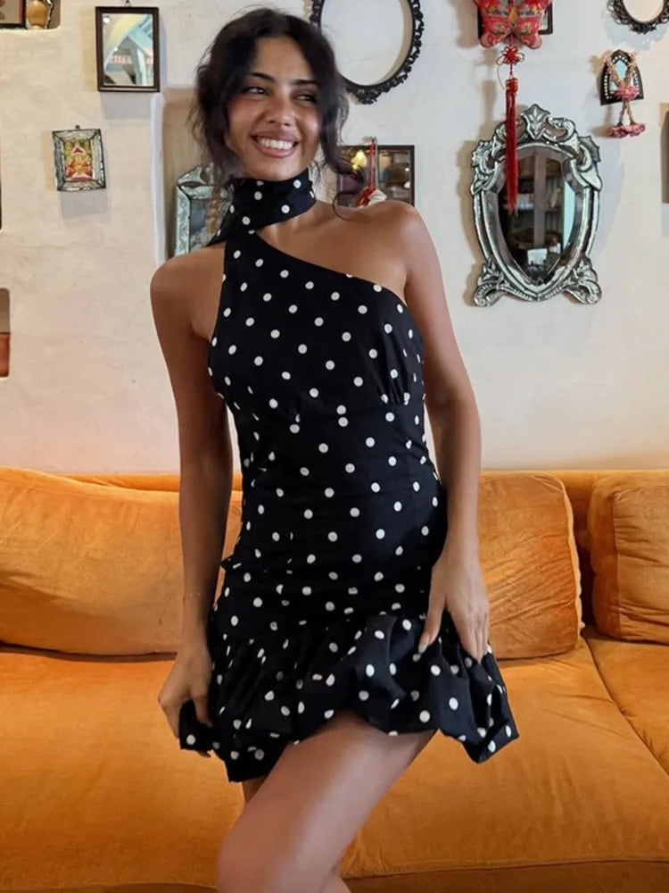 Polka Dot Backless Sexy Mini Dress Women Elegant Halter Off-shoulder Sleeveless Drop Waist Ruffle Club Party Dresses