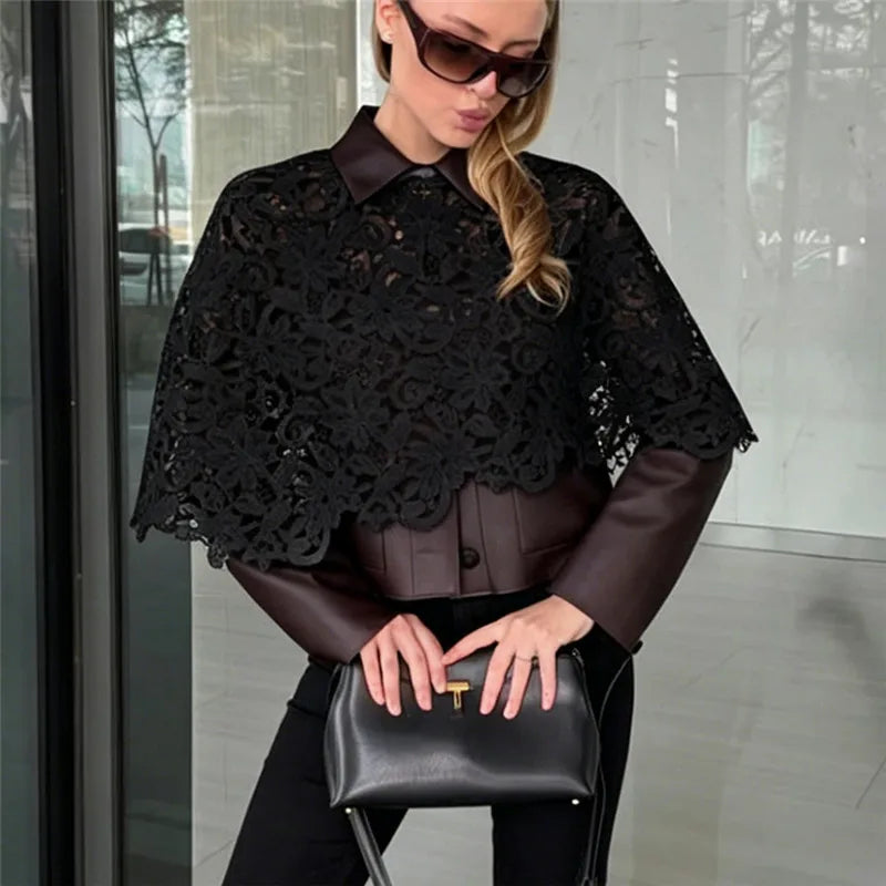 Cute Women See Through Crochet Lace Cape Short Top Crew Neck Batwing Sleeve Cropped Layering Top Matching Camisole